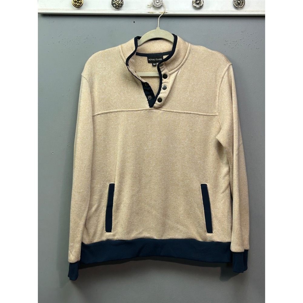 Royal Class Beige Heathered Mock Neck Snap Button Pullover Sweater Men Size M